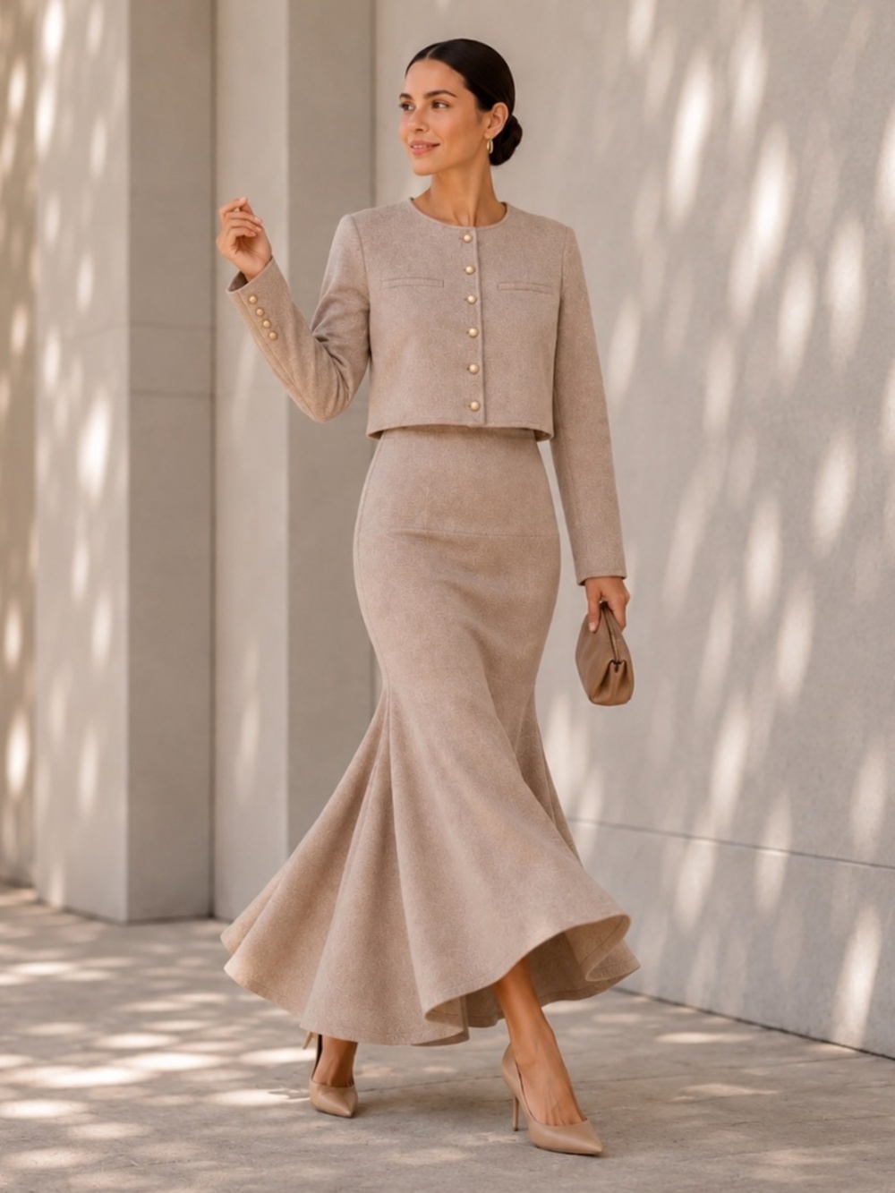OGL Taupe Knit Jacket Mermaid Skirt Set Gold Buttons XS
